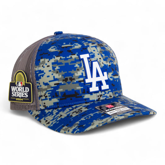 LA Dodgers 2024 World Series Snapback Trucker Hat White- Royal Digital Camo