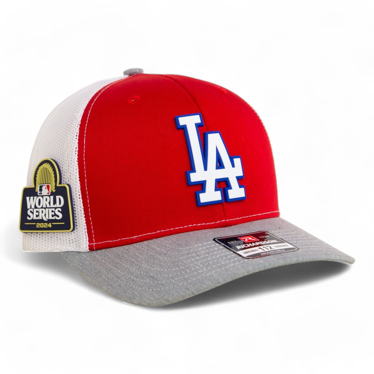 LA Dodgers 2024 World Series Snapback Trucker Hat White- Red/ White/ Heather Grey