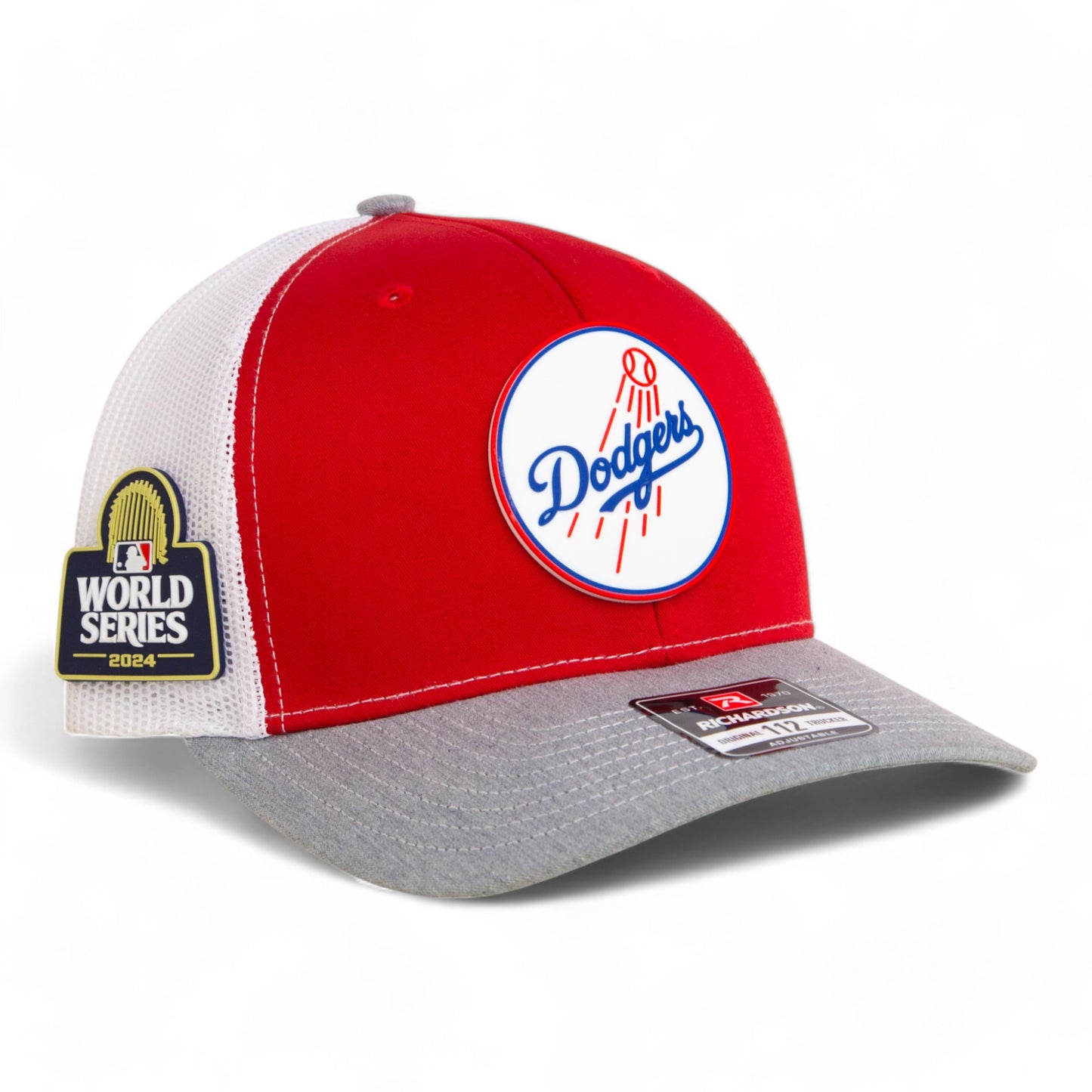 Los Angeles Dodgers 2024 World Series Snapback Trucker Hat- Red/ White/ Heather Grey