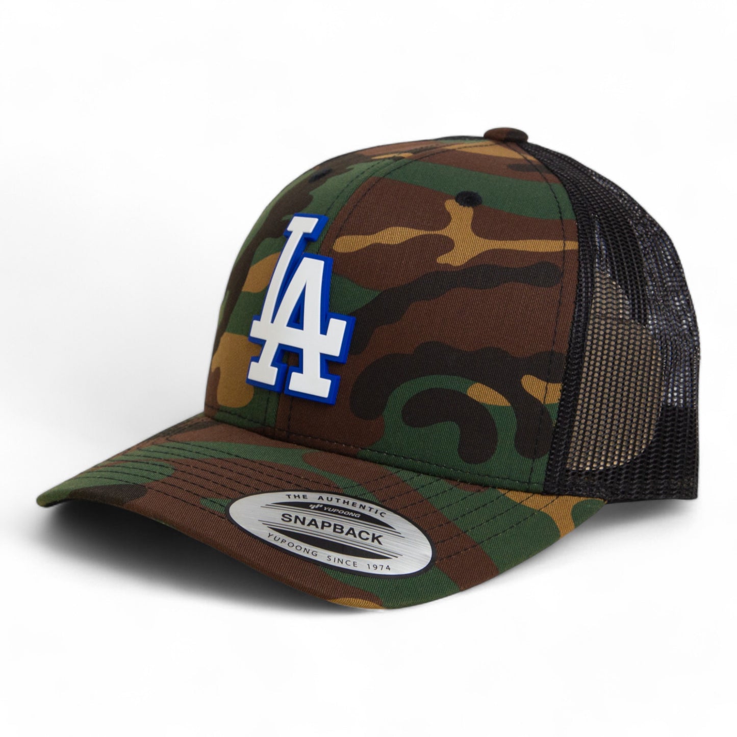 LA Dodgers 2024 World Series 3D YP Snapback Trucker Hat White- Army Camo/ Black