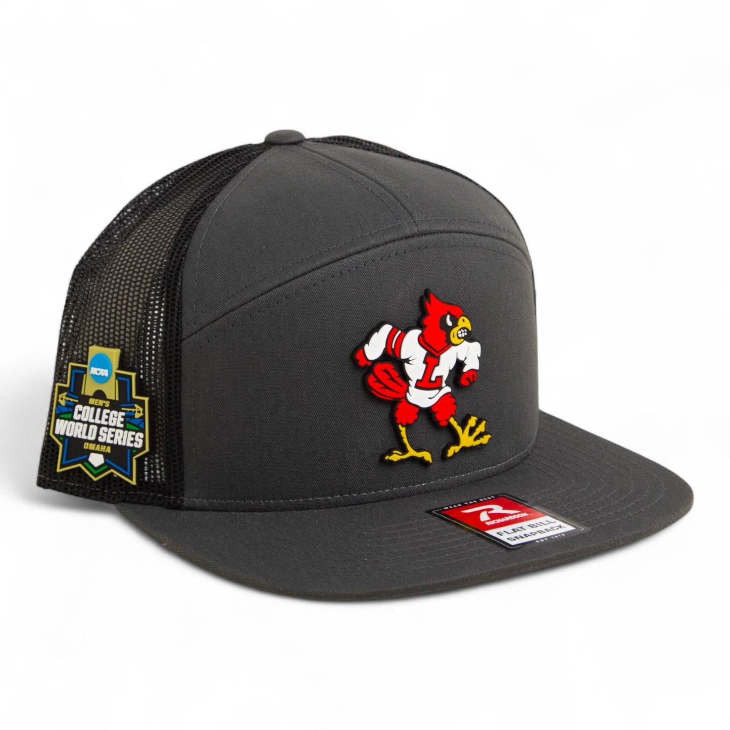 Louisville Cardinals Retro 2025 College World Series 3D Snapback Seven-Panel Flat Bill Trucker Hat- Charcoal/ Black