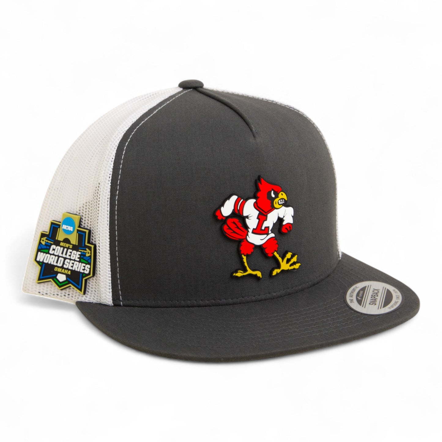 Louisville Cardinals Retro 2025 College World Series 3D YP Snapback Flat Bill Trucker Hat- Charcoal/ White