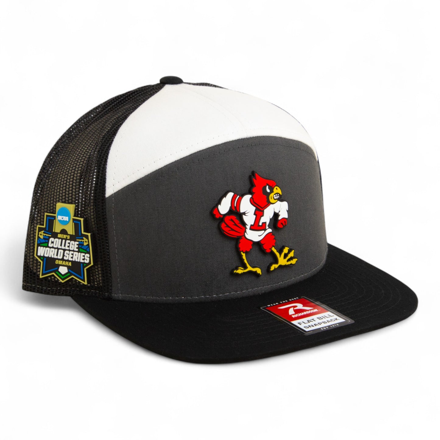 Louisville Cardinals Retro 2025 College World Series 3D Snapback Seven-Panel Flat Bill Trucker Hat- Charcoal/ White/ Black