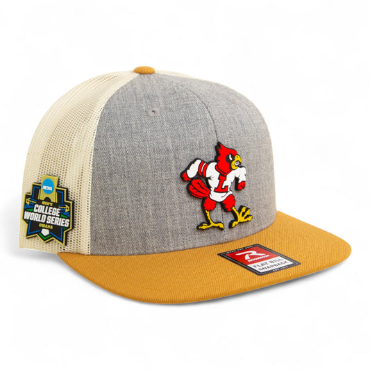 Louisville Cardinals Retro 2025 College World Series 3D Wool Blend Flat Bill Hat- Heather Grey/ Birch/ Biscuit