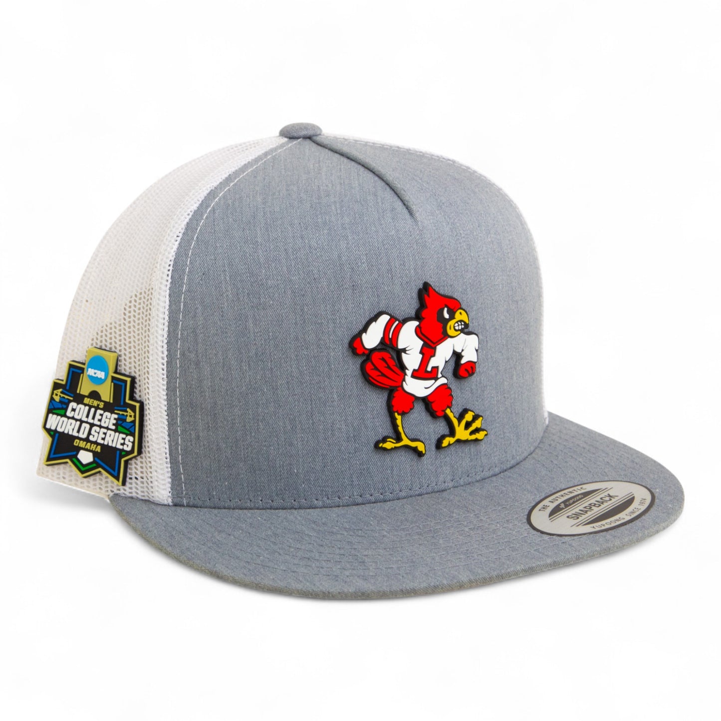 Louisville Cardinals Retro 2025 College World Series 3D YP Snapback Flat Bill Trucker Hat- Heather Grey/ White