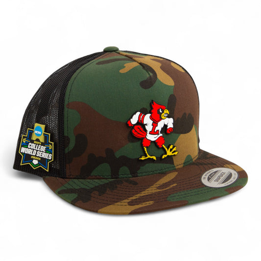 Louisville Cardinals Retro 2025 College World Series 3D YP Snapback Flat Bill Trucker Hat- Army Camo/ Black