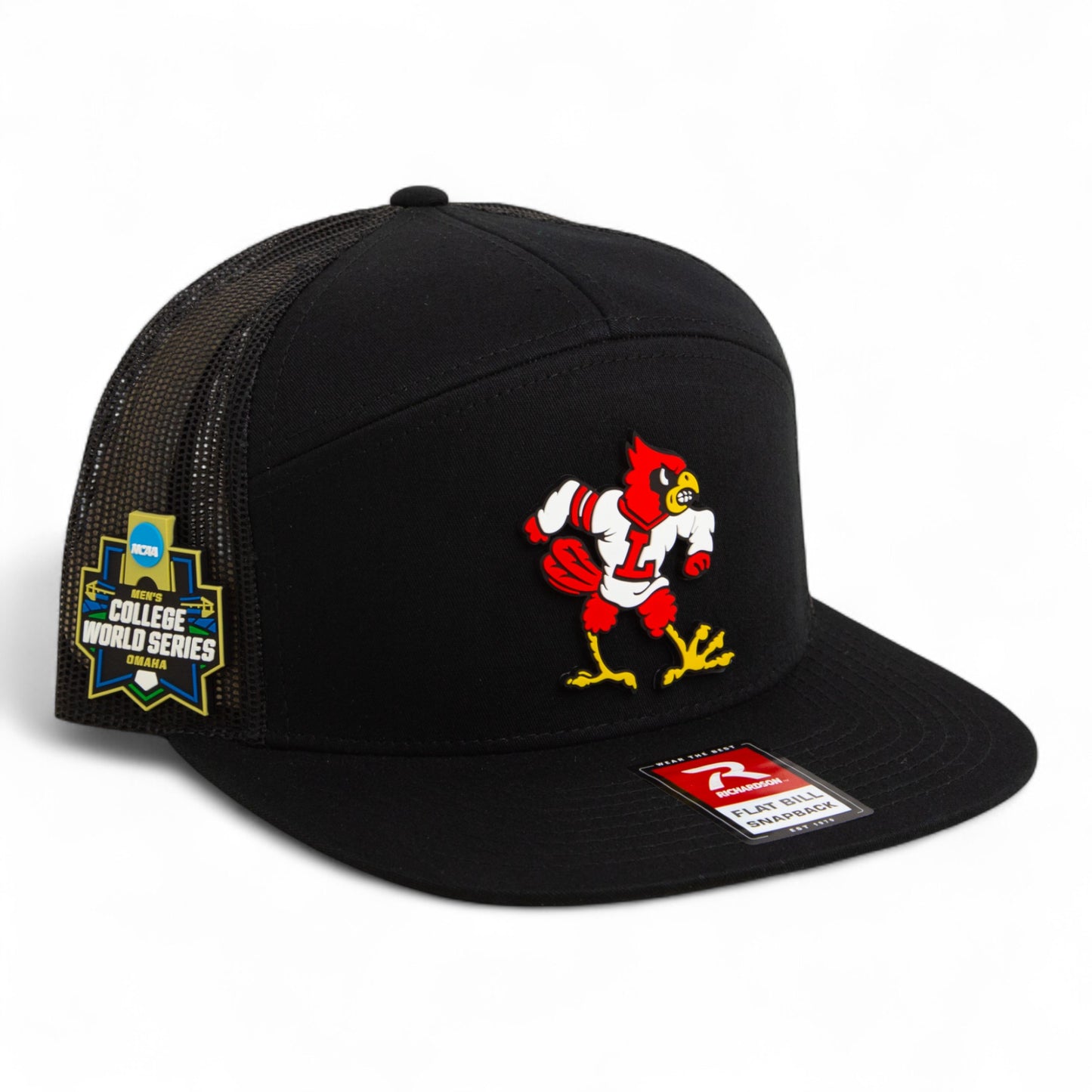 Louisville Cardinals Retro 2025 College World Series 3D Snapback Seven-Panel Flat Bill Trucker Hat- Black