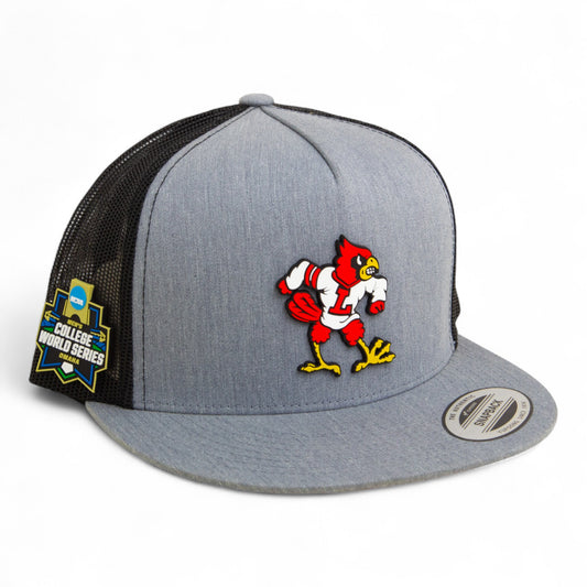Louisville Cardinals Retro 2025 College World Series 3D YP Snapback Flat Bill Trucker Hat- Heather Grey/ Black