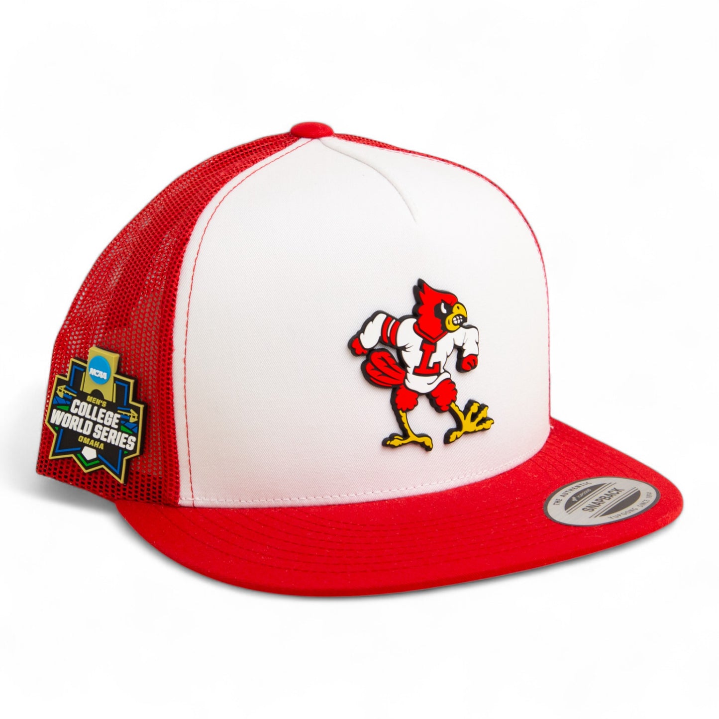 Louisville Cardinals Retro 2025 College World Series 3D YP Snapback Flat Bill Trucker Hat- White/ Red