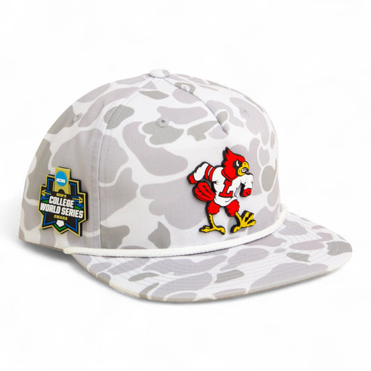 Louisville Cardinals Retro 2025 College World Series 3D Umpqua Rope Hat- Blizzard Duck Camo/ White