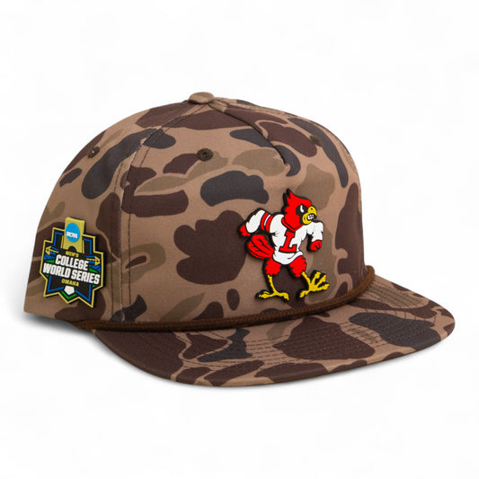 Louisville Cardinals Retro 2025 College World Series 3D Umpqua Rope Hat- Bark Duck Camo/ Brown