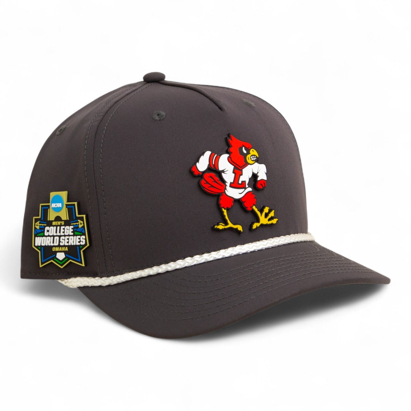 Louisville Cardinals Retro 2025 College World Series 3D Five Panel Classic Rope Hat- Charcoal/ White