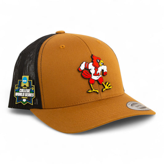 Louisville Cardinals Retro 2025 College World Series 3D YP Snapback Trucker Hat- Caramel/ Black