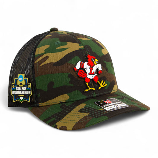 Louisville Cardinals Retro 2025 College World Series 3D Snapback Trucker Hat- Army Camo/ Black