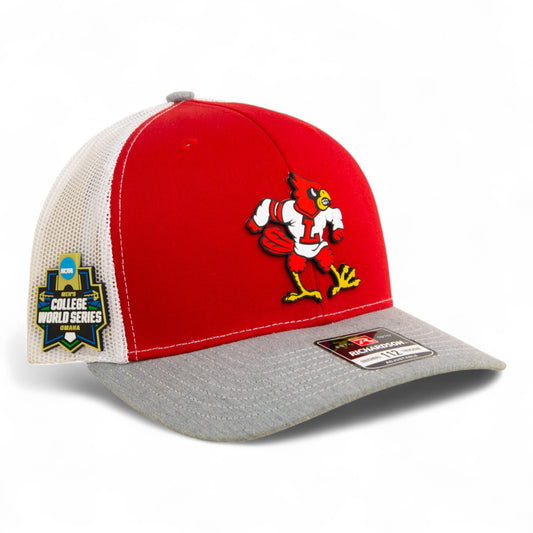 Louisville Cardinals Retro 2025 College World Series 3D Snapback Trucker Hat- Red/ White/ Heather Grey