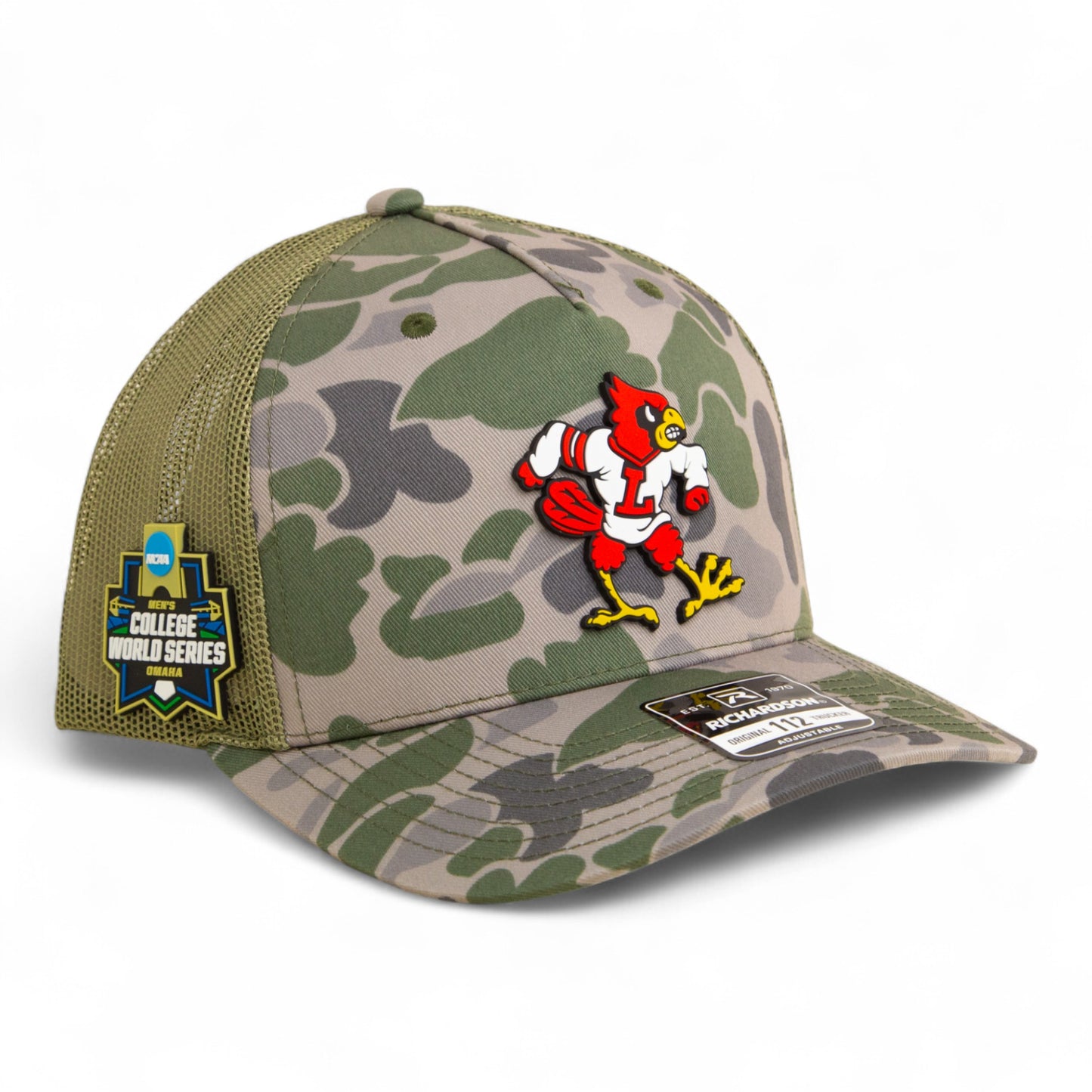 Louisville Cardinals Retro 2025 College World Series 3D Snapback Trucker Hat- Marsh Duck Camo/ Loden