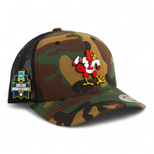 Louisville Cardinals Retro 2025 College World Series 3D YP Snapback Trucker Hat- Army Camo/ Black