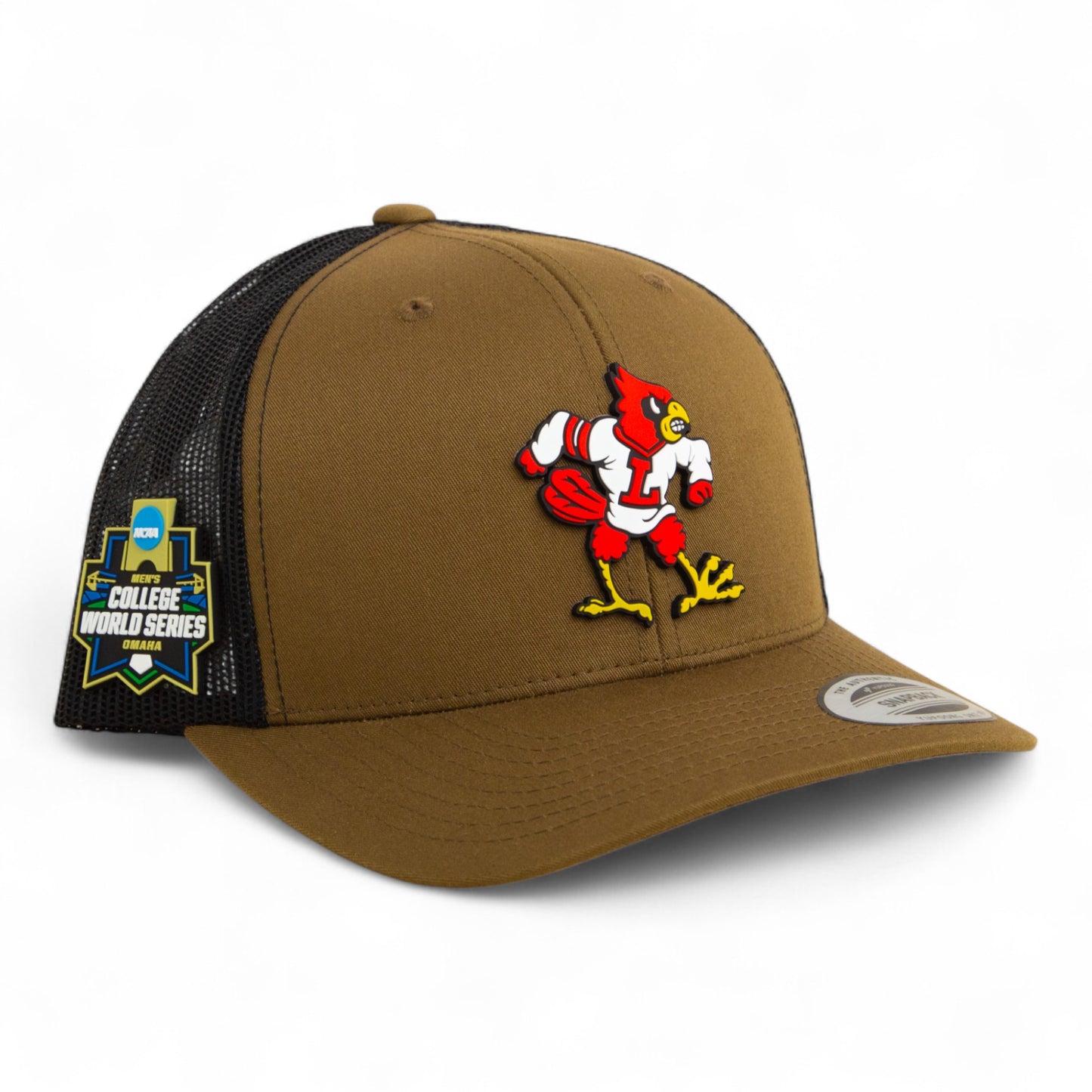 Louisville Cardinals Retro 2025 College World Series 3D YP Snapback Trucker Hat- Coyote/ Black