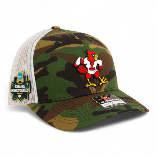 Louisville Cardinals Retro 2025 College World Series 3D Snapback Trucker Hat- Army Camo/ White