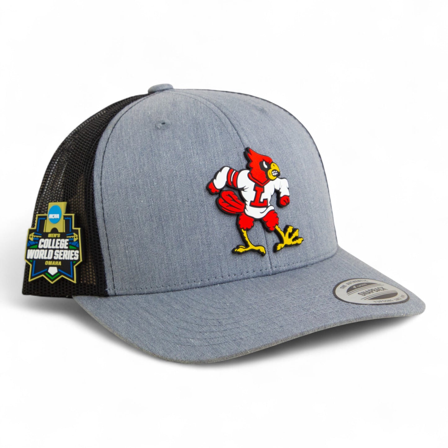 Louisville Cardinals Retro 2025 College World Series 3D YP Snapback Trucker Hat- Heather Grey/ Black