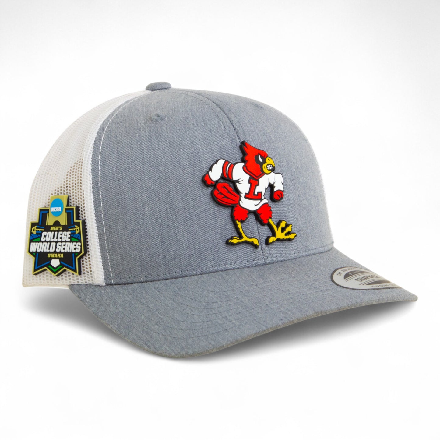 Louisville Cardinals Retro 2025 College World Series 3D YP Snapback Trucker Hat- Heather Grey/ White