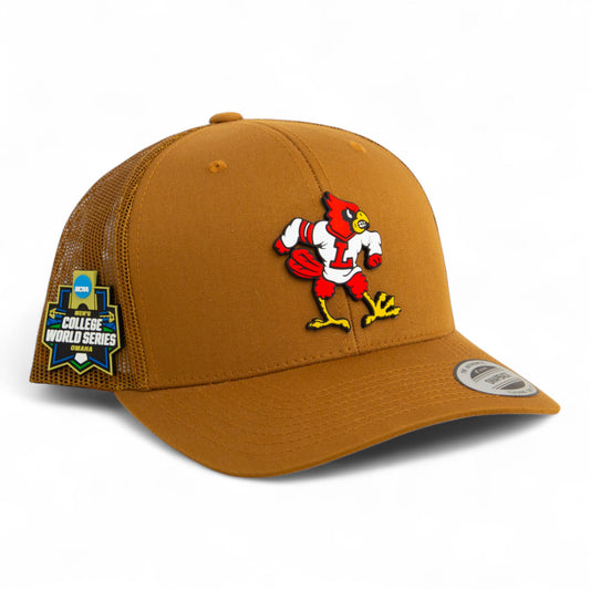Louisville Cardinals Retro 2025 College World Series 3D YP Snapback Trucker Hat- Caramel