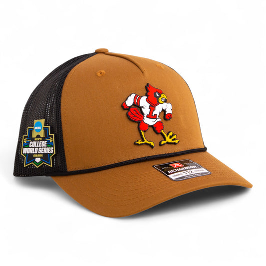 Louisville Cardinals Retro 2025 College World Series 3D Snapback Trucker Rope Hat- Caramel/ Black
