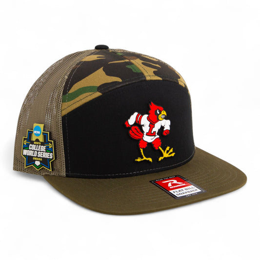 Louisville Cardinals Retro 2025 College World Series 3D Snapback Seven-Panel Flat Bill Trucker Hat- Black/ Camo/ Loden