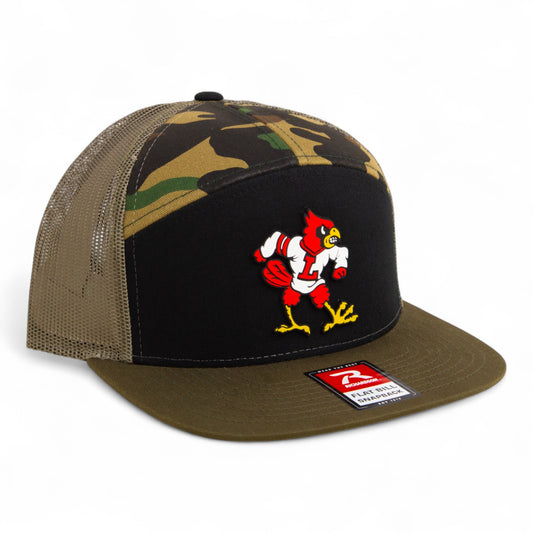 Louisville Cardinals Retro 3D Snapback Seven-Panel Flat Bill Trucker Hat- Black/ Camo/ Loden