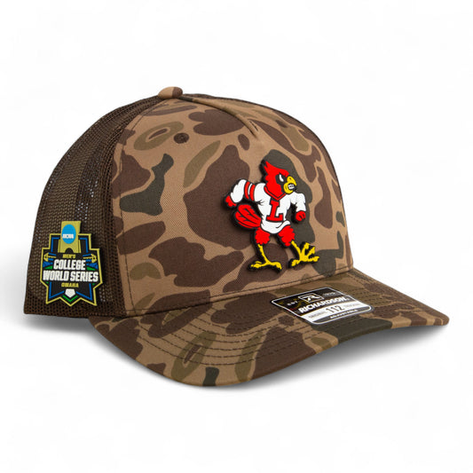 Louisville Cardinals Retro 2025 College World Series 3D Snapback Trucker Hat- Bark Duck Camo/ Brown