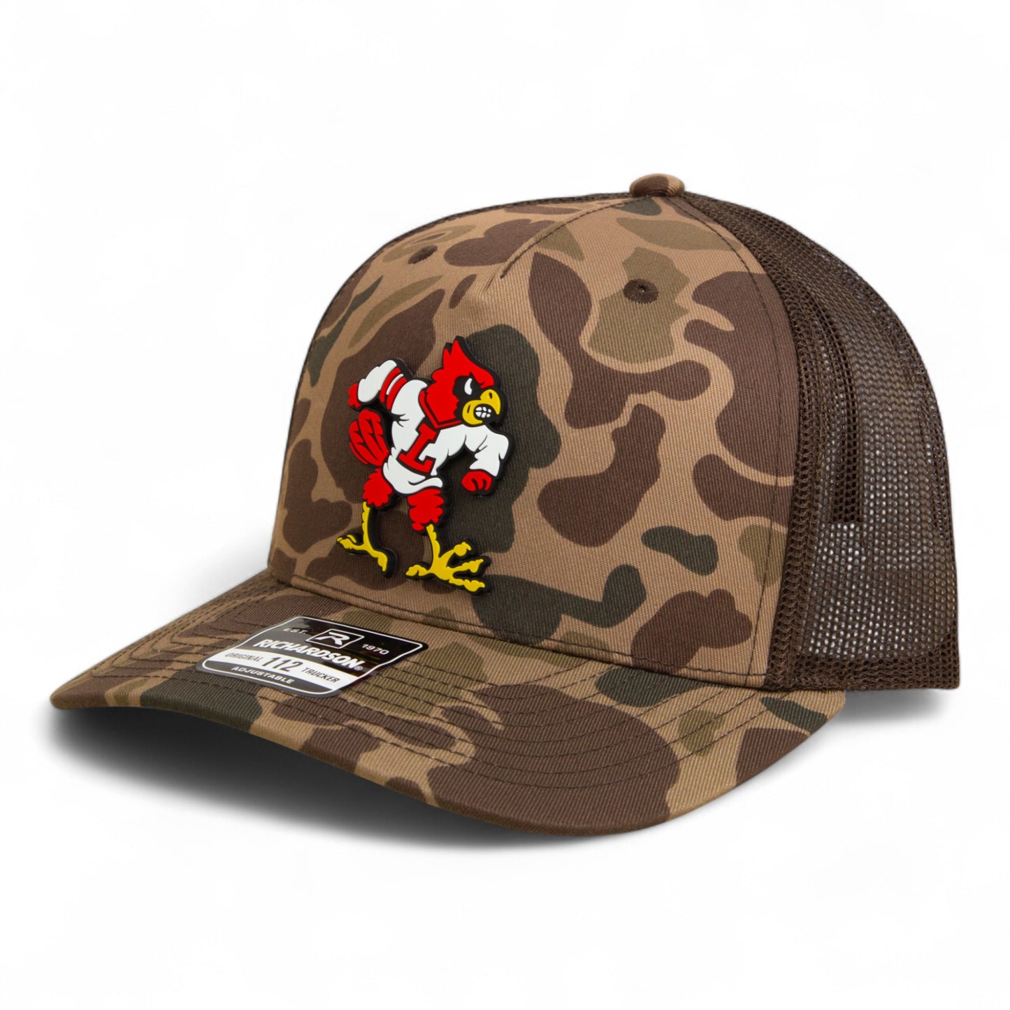Louisville Cardinals Retro 3D Snapback Trucker Hat- Bark Duck Camo/ Brown