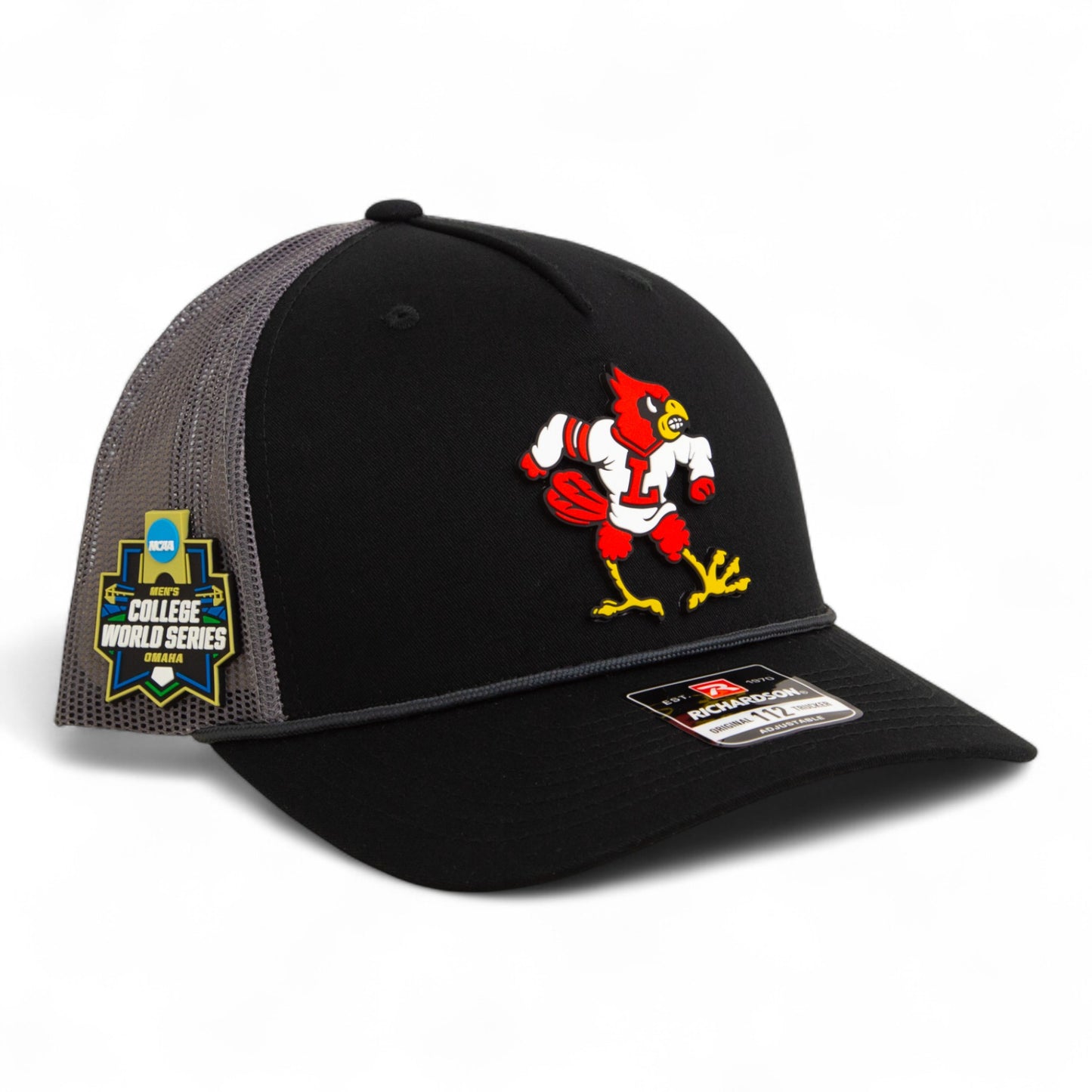 Louisville Cardinals Retro 2025 College World Series 3D Snapback Trucker Rope Hat- Black/ Charcoal