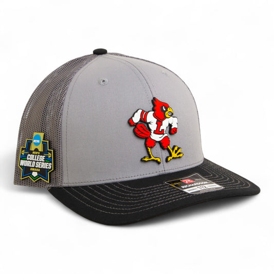 Louisville Cardinals Retro 2025 College World Series 3D Snapback Trucker Hat- Grey/ Charcoal/ Black