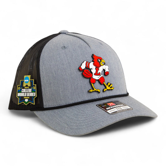 Louisville Cardinals Retro 2025 College World Series 3D Snapback Trucker Rope Hat- Heather Grey/ Black