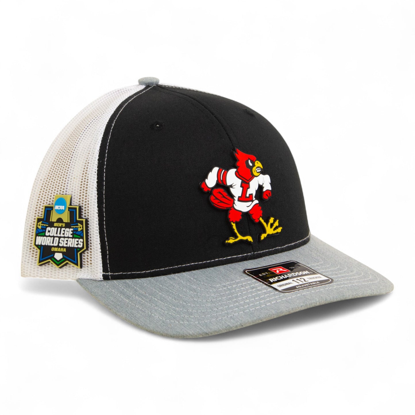 Louisville Cardinals Retro 2025 College World Series 3D Snapback Trucker Hat- Black/ White/ Heather Grey
