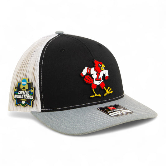 Louisville Cardinals Retro 2025 College World Series 3D Snapback Trucker Hat- Black/ White/ Heather Grey