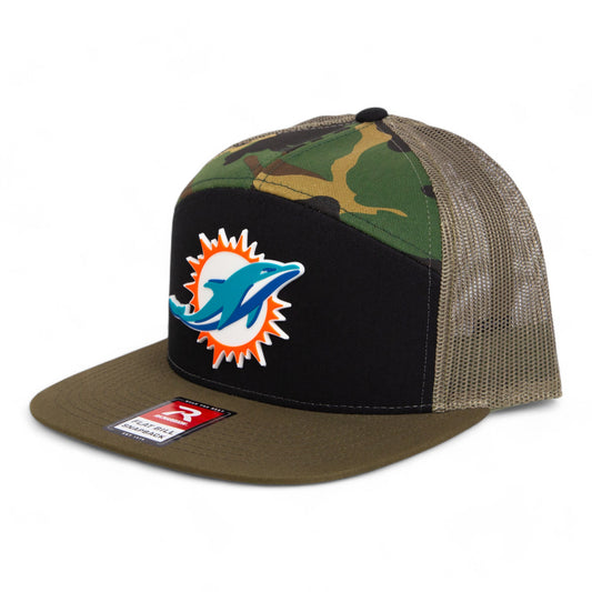 Miami Dolphins 3D Snapback Seven-Panel Flat Bill Trucker Hat- Black/ Camo/ Loden