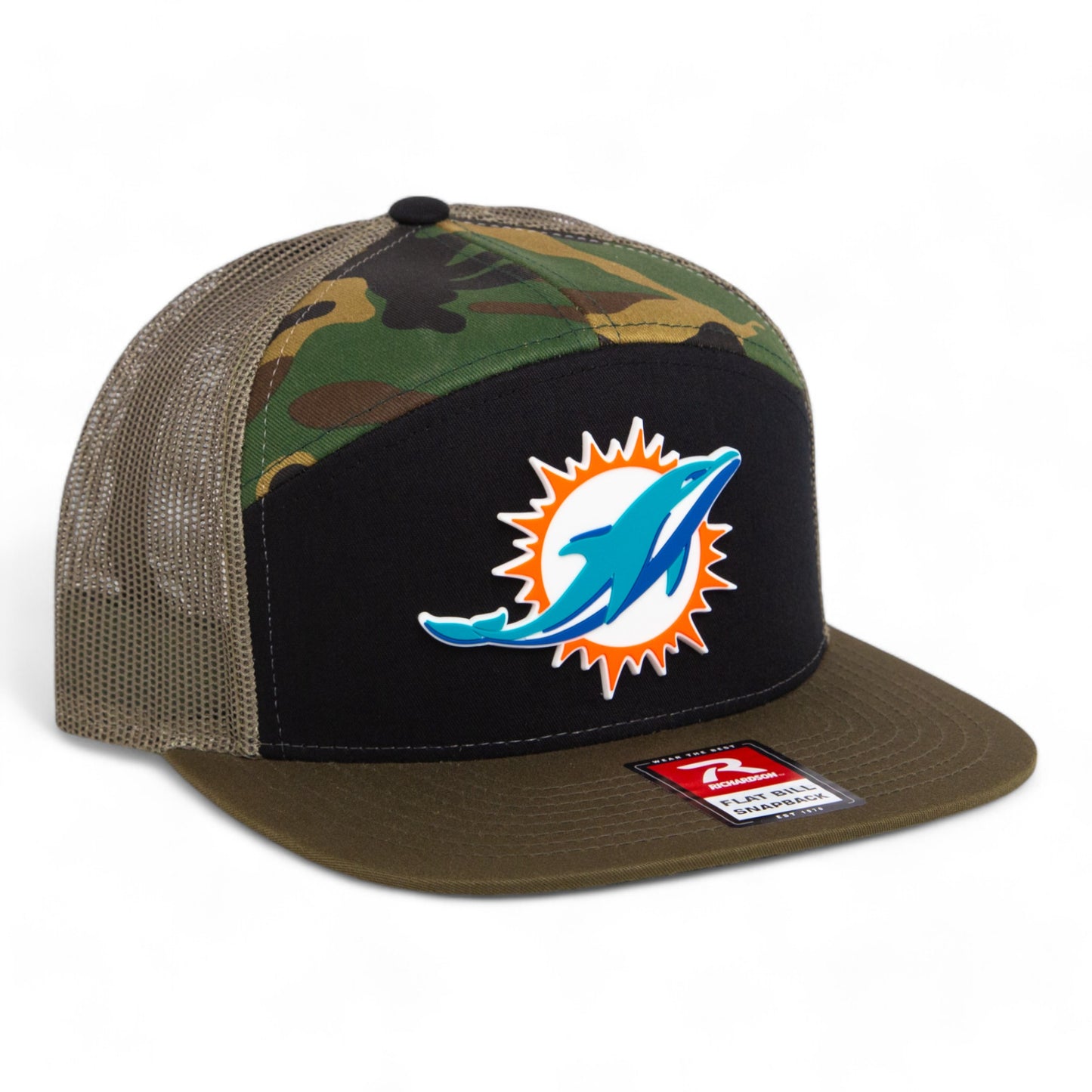 Miami Dolphins 3D Snapback Seven-Panel Flat Bill Trucker Hat- Black/ Camo/ Loden