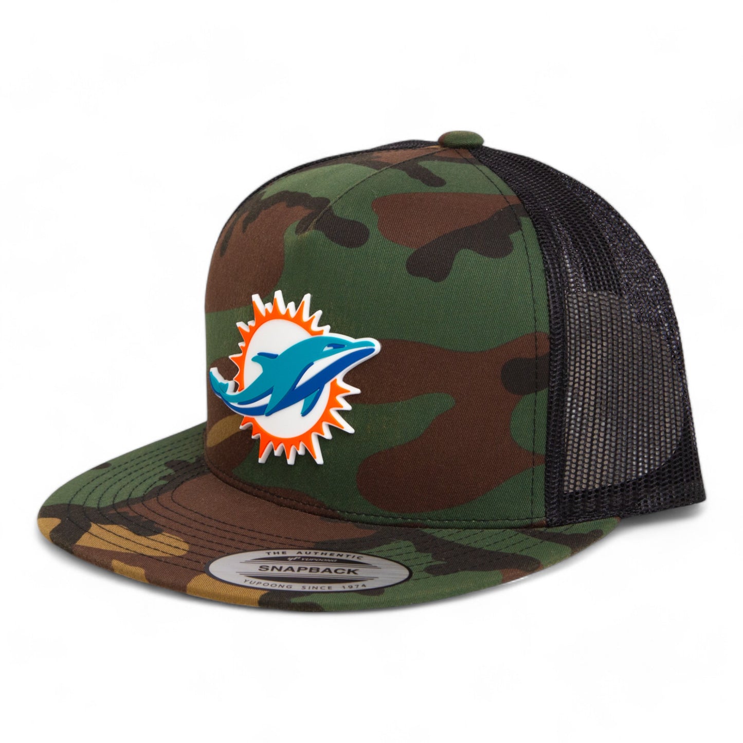 Miami Dolphins 3D YP Snapback Flat Bill Trucker Hat- Army Camo/ Black