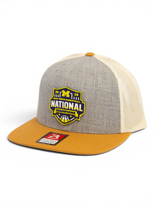 Michigan Wolverines 2026 Basketball National Champions 3D Wool Blend Flat Bill Hat- Heather Grey/ Birch/ Amber
