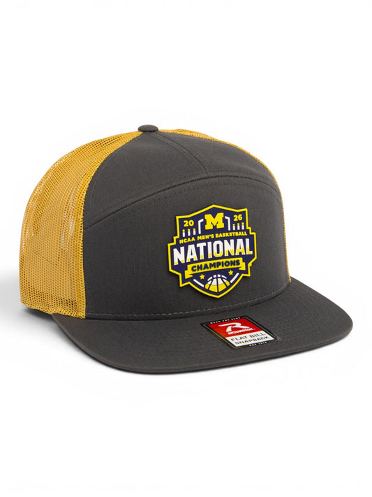 Michigan Wolverines 2026 Basketball National Champions 3D Snapback Seven-Panel Flat Bill Trucker Hat- Charcoal/ Gold
