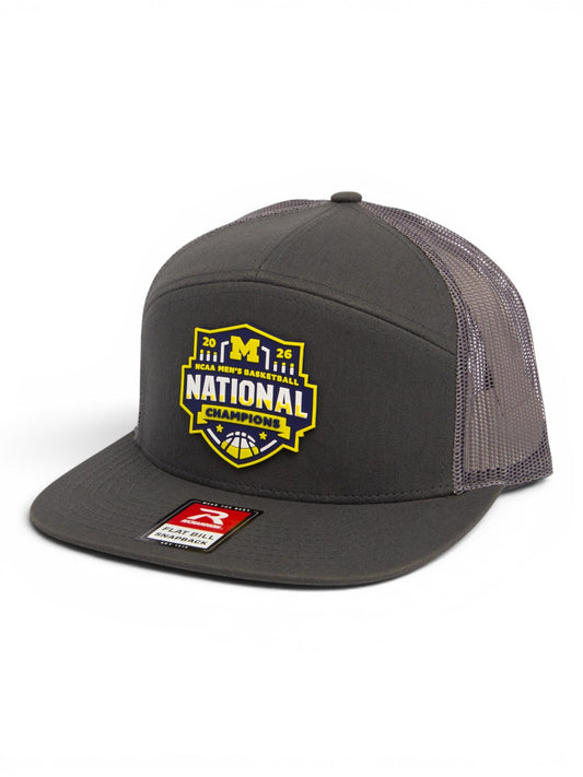Michigan Wolverines 2026 Basketball National Champions 3D Snapback Seven-Panel Flat Bill Trucker Hat- Charcoal