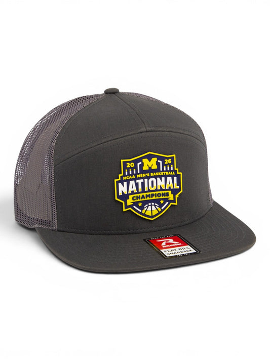 Michigan Wolverines 2026 Basketball National Champions 3D Snapback Seven-Panel Flat Bill Trucker Hat- Charcoal