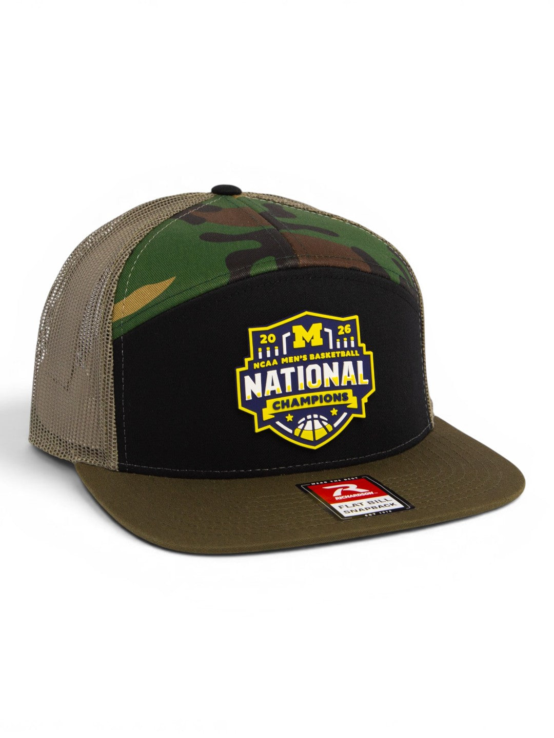 Michigan Wolverines 2026 Basketball National Champions 3D Snapback Seven-Panel Flat Bill Trucker Hat- Black/ Loden/ Camo