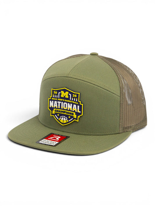 Michigan Wolverines 2026 Basketball National Champions 3D Snapback Seven-Panel Flat Bill Trucker Hat- Loden