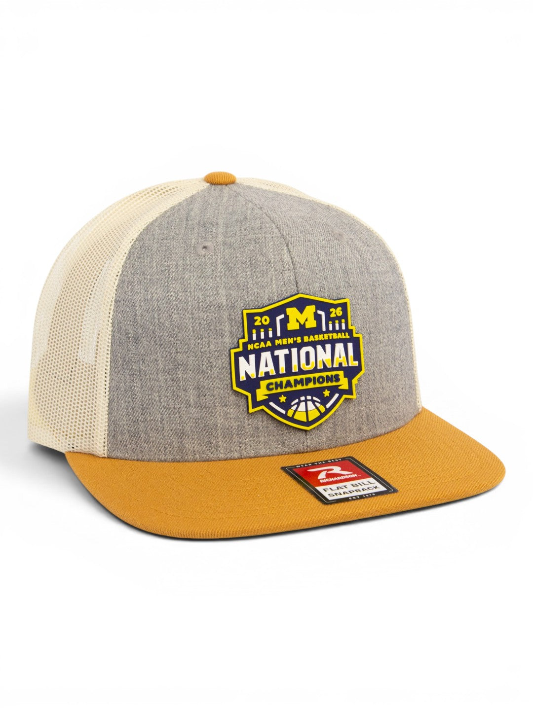 Michigan Wolverines 2026 Basketball National Champions 3D Wool Blend Flat Bill Hat- Heather Grey/ Birch/ Amber