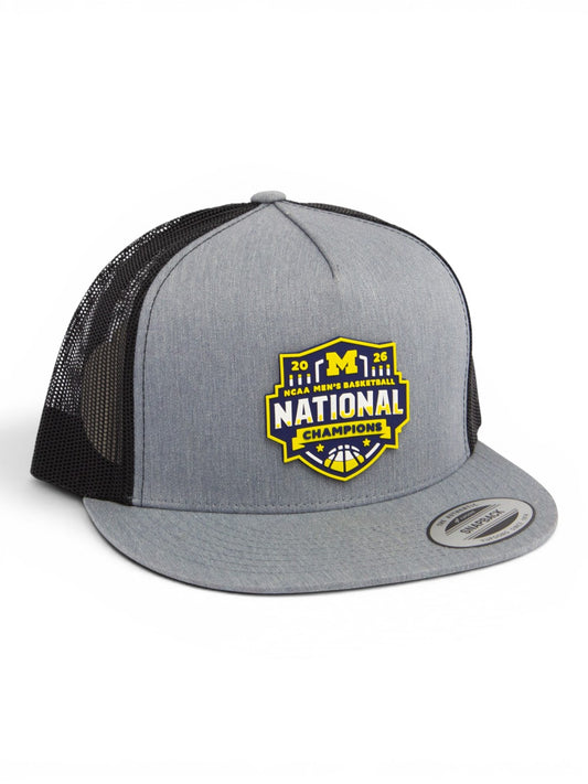 Michigan Wolverines 2026 Basketball National Champions 3D YP Snapback Flat Bill Trucker Hat- Heather Grey/ Black