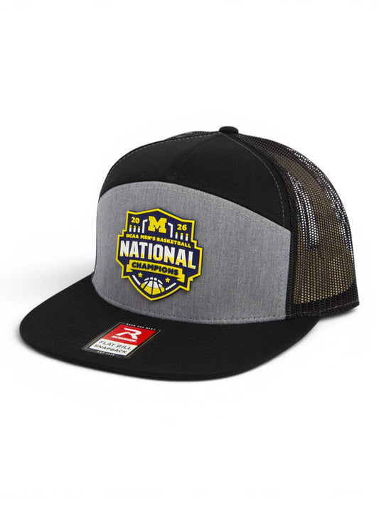Michigan Wolverines 2026 Basketball National Champions 3D Snapback Seven-Panel Flat Bill Trucker Hat- Heather Grey/ Black
