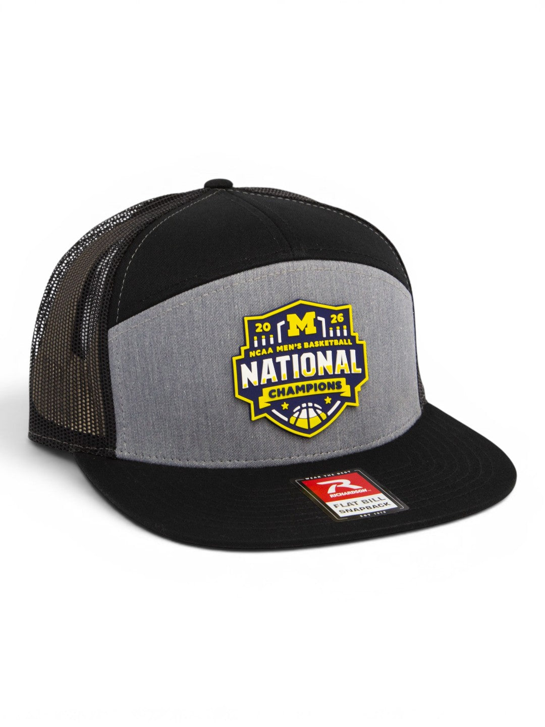 Michigan Wolverines 2026 Basketball National Champions 3D Snapback Seven-Panel Flat Bill Trucker Hat- Heather Grey/ Black