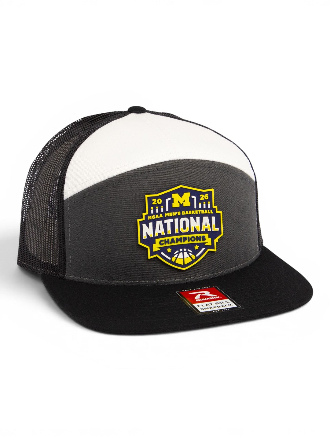 Michigan Wolverines 2026 Basketball National Champions 3D Snapback Seven-Panel Flat Bill Trucker Hat- Charcoal/ Black/ White